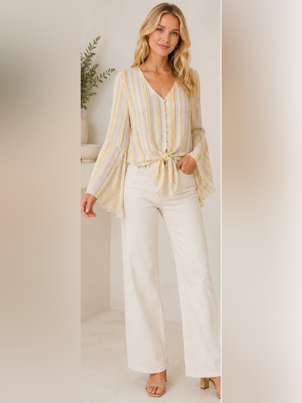 Mystree Striped Tie-Front Bell Sleeve Blouse NWT Size Medium